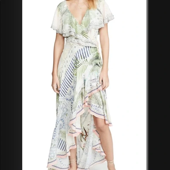 Camilla Frill-Sleeve Embellished Silk Wrap Dress, Beach Shack, Women's, XS Camilla Frill-Sleeve Embellished Silk Wrap Dress, Beach Shack, Women's, XS